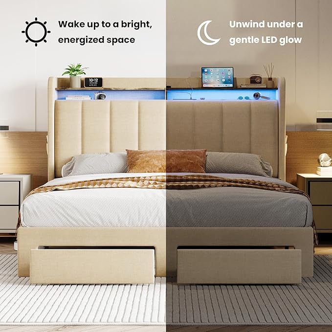 SHA CERLIN Full Size Platform Bed Frame with Vertical Channel Tufted Wingback Headboard & 2 Storage Drawers/2-Tier Shelves with LED Lights & Charging Station/Noise-Free/No Box Spring Needed/Beige
