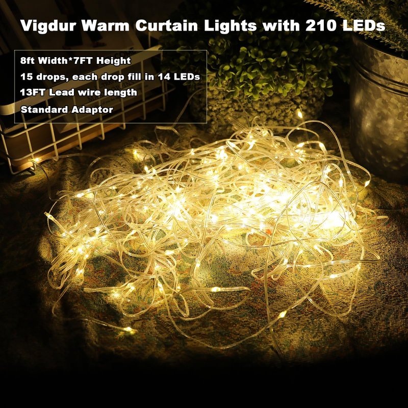 Vigdur Led Curtain String Lights, 8FT Window Fairy Lights for Bedroom with 210 Warm LEDs, Hanging Twinkle Indoor String Light for Party Wedding Garden Wall Decor(8 * 7ft)