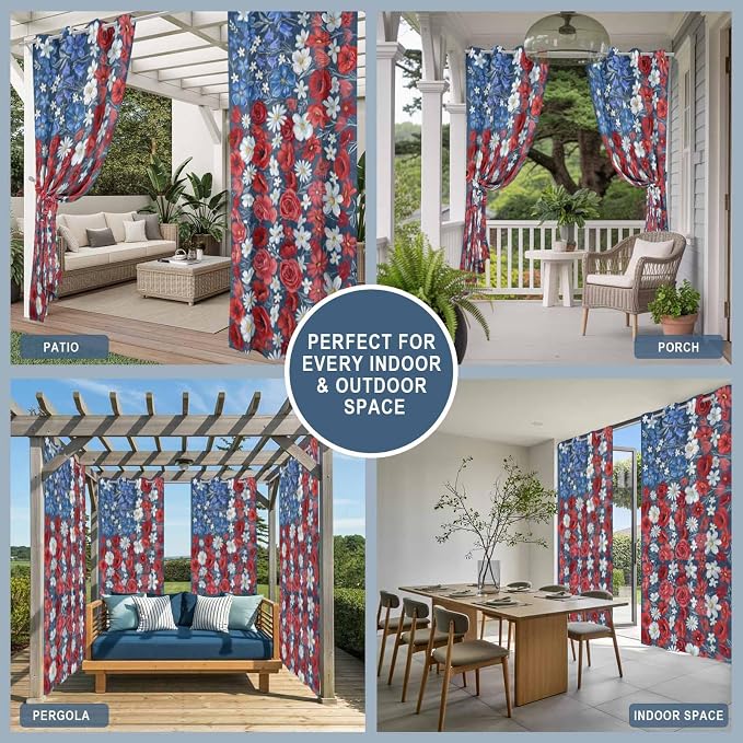 4th of July Outdoor Curtains for Patio Patriotic Flowers Farmhouse Red