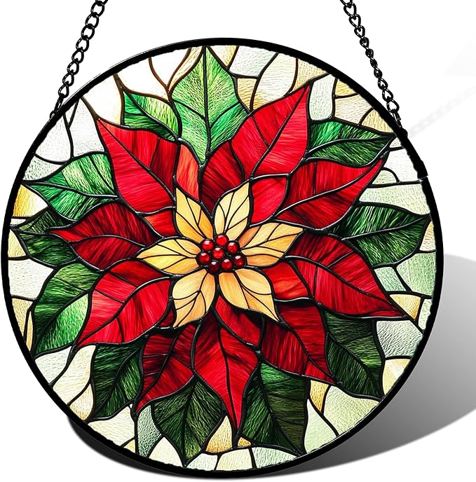 Stained Glass Window Hanging - Red Poinsettia Birth Flower Sun Catcher for Door Garden Home Decor Suncatcher Christmas Mother's Day Birthday Gifts for Women Men Mom Girl Nana Friend 11.8 in