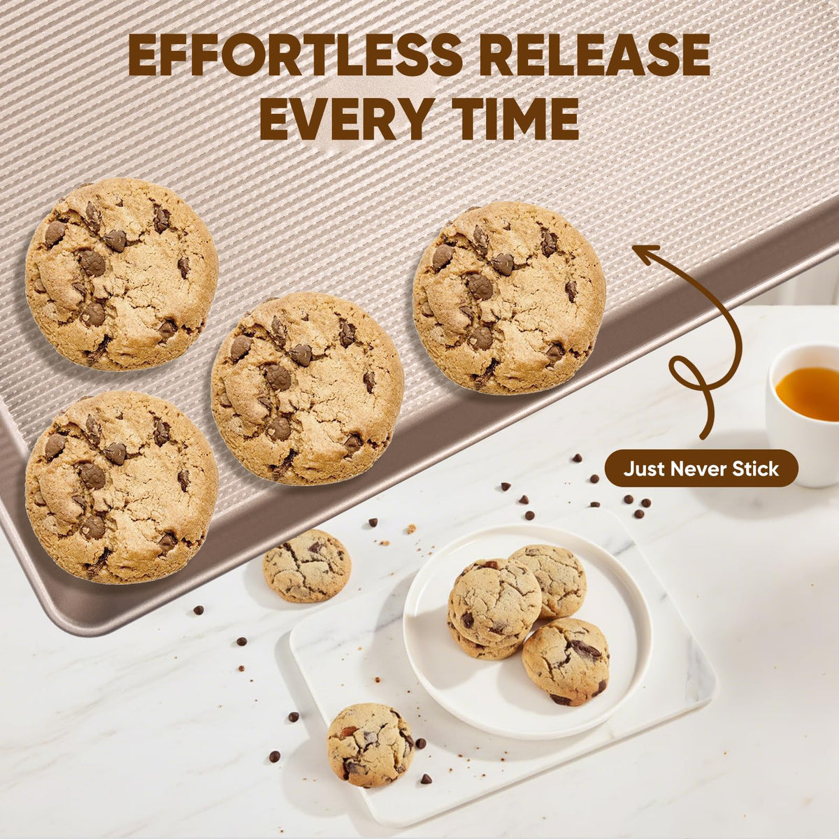 Sakerplus Nonstick Baking Sheet Pan Set of 3, Heavy Duty Cookie Sheets for Oven with Stripe Texture Pattern, 0.6mm Thick Quarter/Half/Jelly Roll Pans, Rust-Resistant & Easy Clean (Champagne Gold)