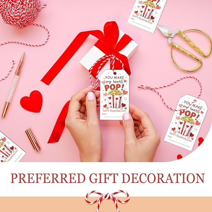 You Make My Heart Pop Valentines Gift Tags, 50 Pcs Valentine Tags with String, Valentines Day Thank You Gift Label for Bags School Classroom Party Favors