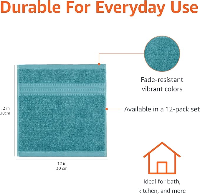 Amazon Basics Fade-Resistant 100% Cotton Washcloth, 12 Pack, 12"x12", Teal