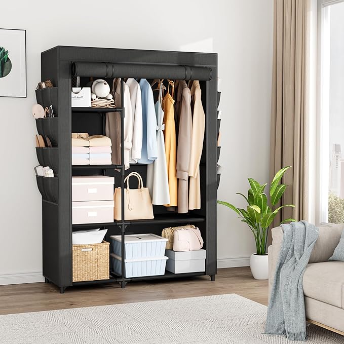 Portable Closets for Hanging Clothes, Wardrobe Closet with Hanging Rod and Clothing Storage Shelves, 8 Side Pockets, Free Standing Clothes Rack with Cover, for Bedroom and Dorm, Black