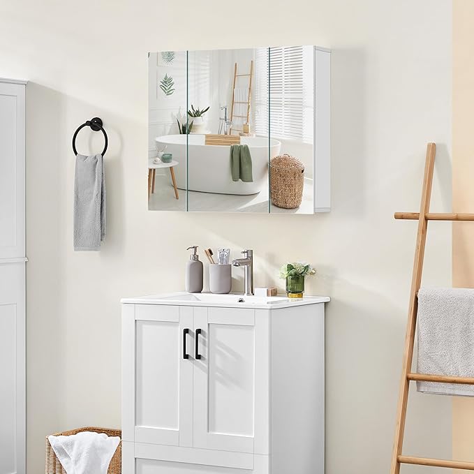 Yaheetech Bathroom Mirror Cabinet with 3 Doors, Wall Mounted Medicine Cabinet with Adjustable Shelf, Storage Cupboard for Living Room, Laundry Room, Mudroom, White