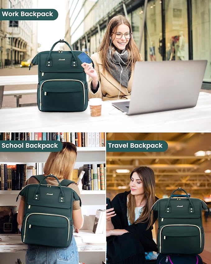 LOVEVOOK 17 inch Laptop Backpack Women, Large Travel Computer Back Pack with USB Charging Port, Anti Theft Backpack for Women Teacher Nurse Work, College Business, Dark Green