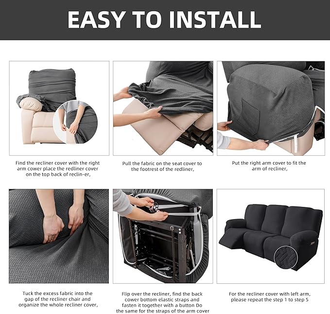 Genina Recliner Sofa Covers - Stretch Reclining Couch Covers with Stripe Jacquard - 3 Seat Cushion Slipcovers with Soft Fabric - Furniture Protector for Pet Kid (Black)