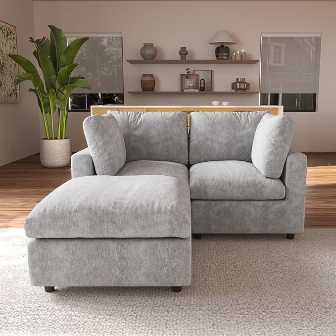 JACH 67" Love Seat Sectional Couches with Chaise Ottoman, Modern Convertible Modular Sofa, Cloud Sectional Couch, Sofa Covers Washable, Minimalist Couch for Living Room, Bedroom, Apartment, Light Grey