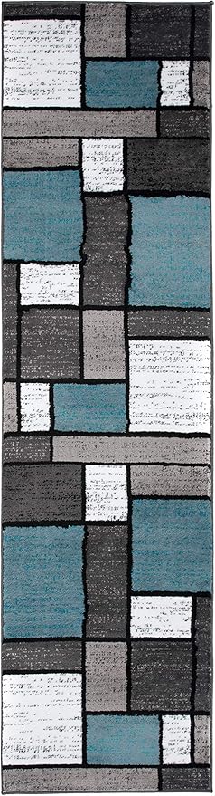 Rugshop Contemporary Modern Boxes for Home Office,Living Room,Bedroom,Kitchen Non Shedding Runner Rug 2' x 7'2" Blue/Gray