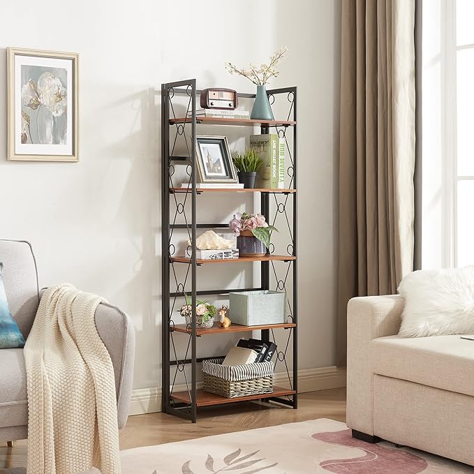 VECELO Folding Bookshelf,5 Tier Bookcase Foldable Easy Assembly, Industrial Book Shelf Storage Organizer with X Metal Frame and Anti-Toppling Design,1 Set