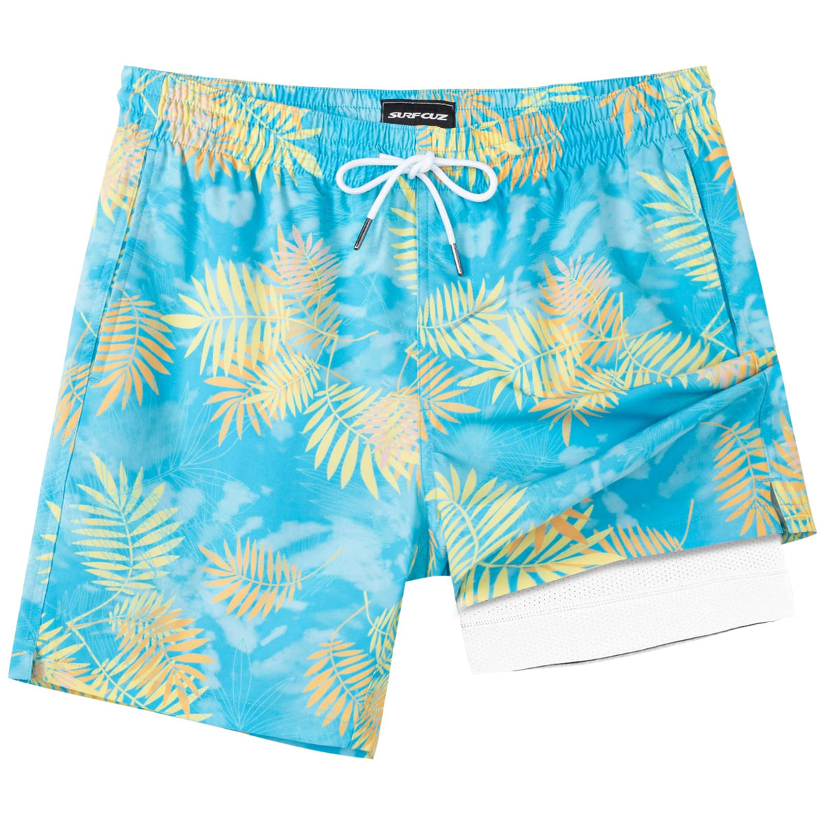 SURF CUZ Mens Swim Trunks with Compression Liner Quick Dry Swim Shorts 7" Swimming Trunks Stretch Zipper Pockets Blue Yellow Leaves Small