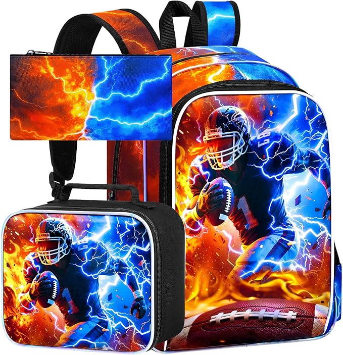 gxtvo 3PCS Rugby School Backpack for Boys, 17" Kids Bookbag with Lunch Box, Water Resistant Middle Elementary - Fire & Lightning Rugby Player