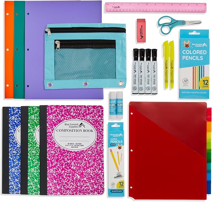 Blue Summit Elementary School Supply Box, 4th, 5th Grade School Supplies Set, for Elementary Supply, Bulk 44 Piece Box