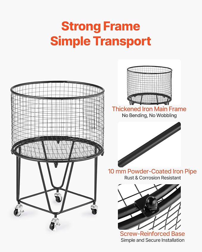 VEVOR Laundry Basket with Wheels, Metal Storage Cart Deep Set Rolling Mesh Laundry Hamper, 60 LBS Large Load Capacity, 17" x 17" x 24", Black