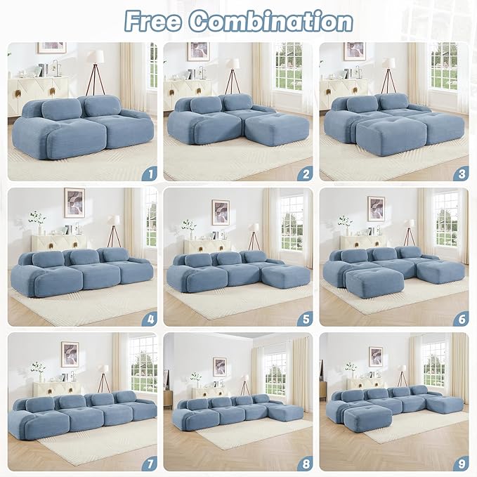 116" Modern Compressed Boneless Couch with Ottoman, 3 Seater Large L Shaped Sectional Couches for Living Room, Blue Corduroy Cloud Modular Sectional Sofa, Memory Foam, Extra Deep, No Assembly