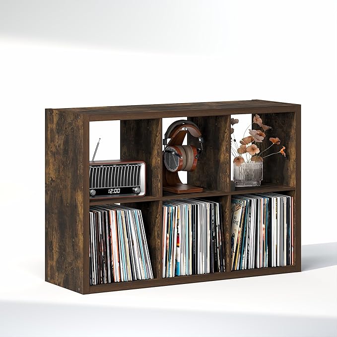 Furinno Cubicle Record Player Stand with Vinyl Storage, 6-Cube 1.2 Extra Thick Vinyl Record Storage, Open Back Media Shelf for CD DVD Blueray Game Disc, for Living Room, Home Office, Amber Pine