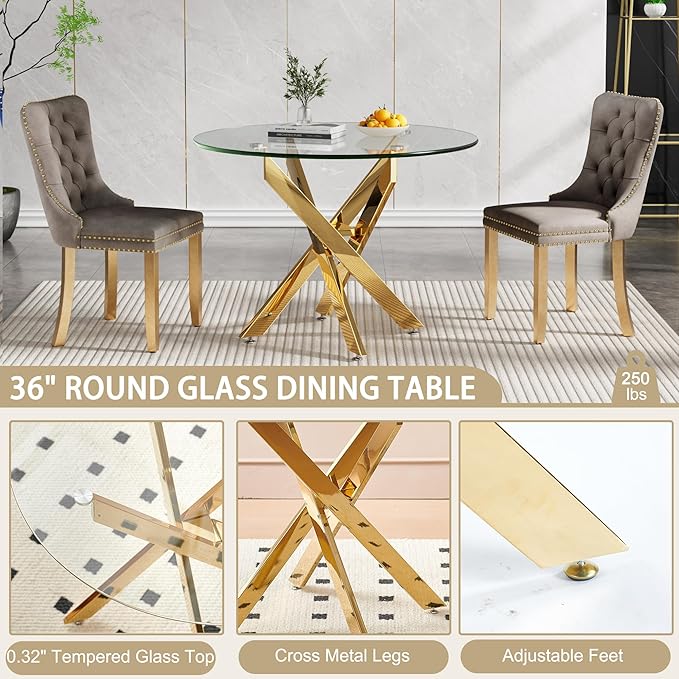 36" Round Dining Table for 4, Modern Clear Glass Kitchen Table for 4 with Gold X Metal Legs, Contemporary Small Circle Dining Room Leisure Tables for Kitchen Apartment