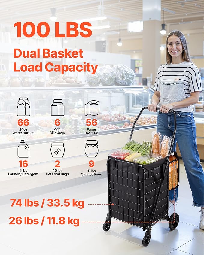 VEVOR Shopping Cart, Folding Grocery Utility Cart with Dual Baskets, Waterproof Liner & Wheels, 100 LBS Large Load Capacity, Heavy Duty Laundry Basket for Laundry, Shopping, Camping, Grocery, Luggage