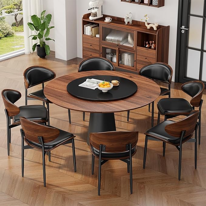 Dining Chairs Set of 6, Mid-Century Modern Upholstered PU Leather Chairs with Walnut Bentwood Back and Metal Legs Adjustable Feet for Kitchen Dining Room, Black PU