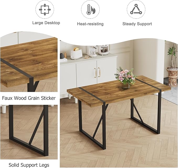 Rustic 7 Piece Dining Room Table Set for 6 People, Mid Century Modern 55 Inch Rectangle Wood Kitchen Dining Table with 6 Fabric Chairs Set, Suitable for Kitchen Dining Room
