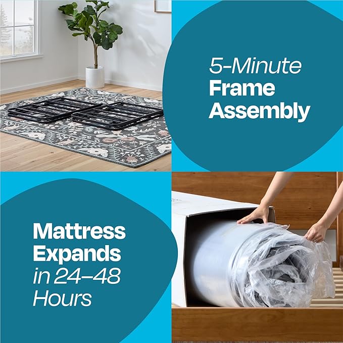 Linenspa 10” Memory Foam and Innerspring Hybrid Mattress + 14” Black Metal Platform Bed – Twin XL Mattress + Metal Folding Twin XL Bedframe