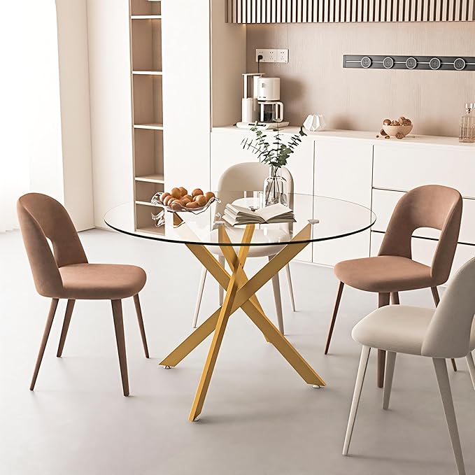 47.25" Round Dining Table for 6, Modern Clear Glass Kitchen Table for 6 with Gold X Metal Legs, Contemporary Small Circle Dining Room Leisure Tables for Kitchen Apartment