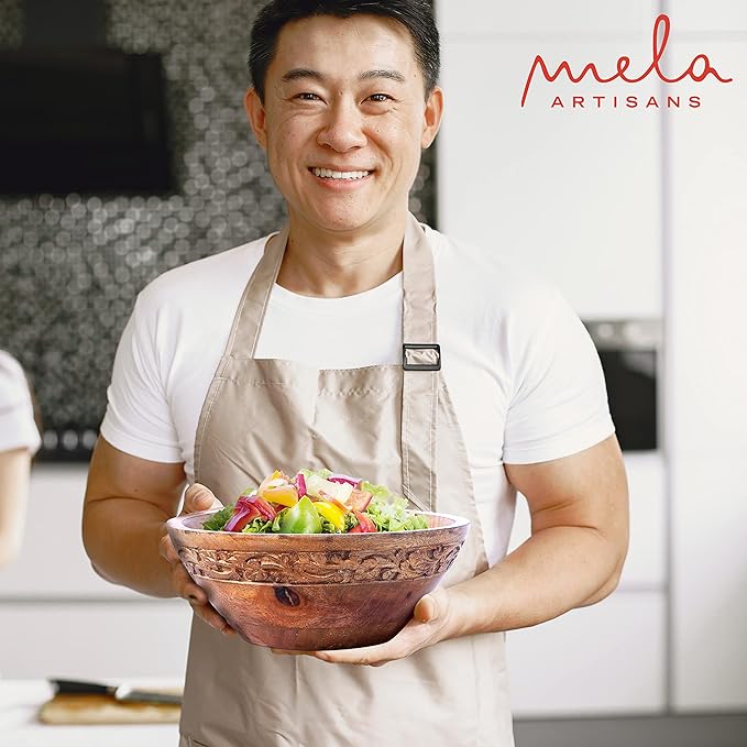 Mela Artisans Wooden Fruit Bowl | Medium Burnt Finish | 9” Mango Wood Serving Bowl with Felt Pads | Multipurpose for Kitchen Countertop |Salad | Snacks | Breads & More | Natural Grain Texture