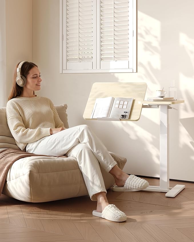 FLEXISPOT Adjustable Height C-Shaped End Table with Split Tilting Top – Mobile Side Table for Sofa & Bedside, Slides Under Furniture, Hidden Wheels for Small Spaces(31.6"W x 15.7"D,White Wood Grain)
