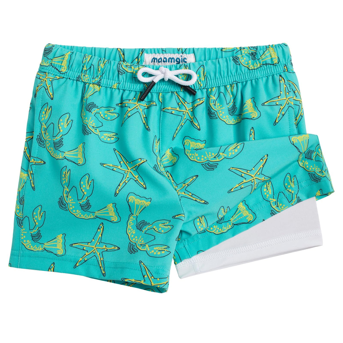 maamgic Boys Swim Trunks with Compression Liner Toddler Boy Swimsuit Quick Dry 4-Way Stretch Swimming Trunks Sea World Light Green 8 Years