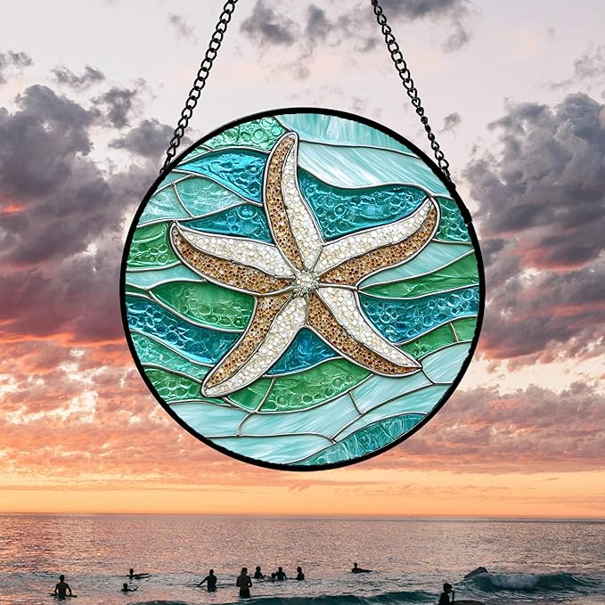Stained Glass Window Hanging 4 Pcs Set Cyan Ocean Life Theme 6.3" - Sea Starfish Suncatcher Door Garden Sun Catcher Decor Birthday for Mom Woman Nana Men Friend
