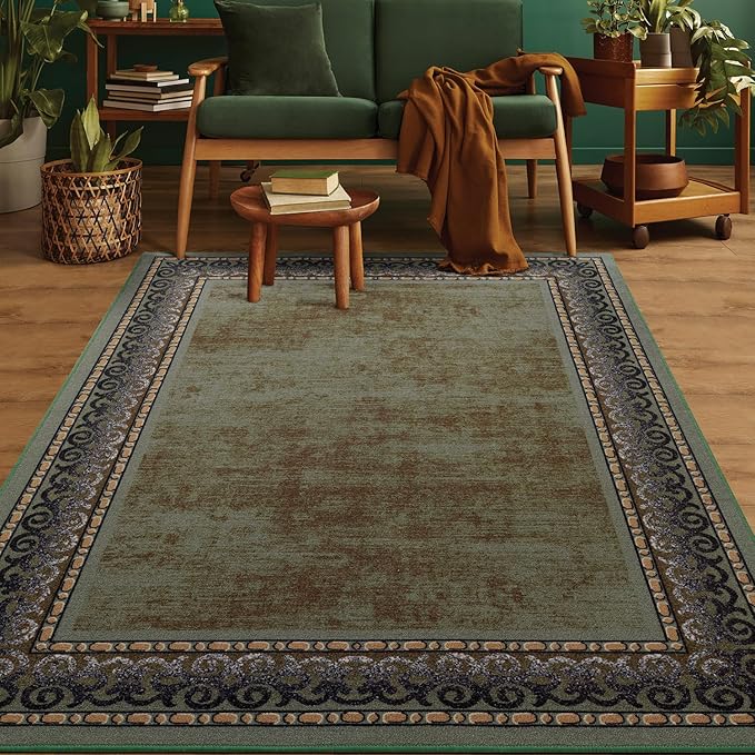 Antep Rugs Alfombras Bordered Modern 4x6 Non-Slip (Non-Skid) Low Pile Rubber Backing Indoor Area Rug (Green, 4' x 5'8")