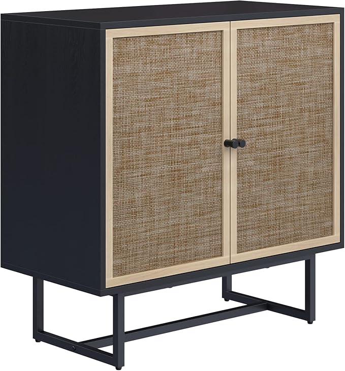 Nathan James Kova Rattan Wood Accent Sideboard Storage Cabinet TV Stand with Matte Metal Frame, Adjustable Shelves and Cane Doors, for Hallway, Entryway or Living Room, Black Oak/Cane, Set of 4