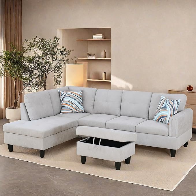 Large Storage Ottoman Sectional Sofa, L-Shaped Couch with Reversible Chaise, Space Saving Design, Gray Fabric with Accent Pillows. (Gray)