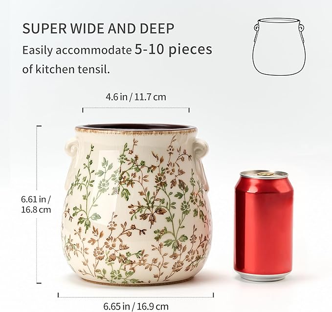 Jemirry Utensil Holder for Kitchen Counter, Modern Farmhouse Rustic Cooking Utensil Holder and Crock, Exquisite Chinoiserie Floral Ceramic Utensil Organizer for Home Kitchen Decor- Green and Beige