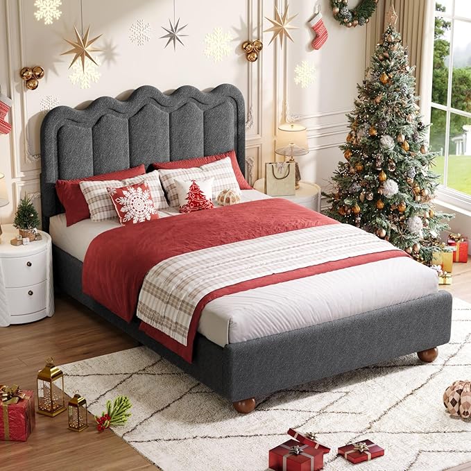 Queen Size Bed Frame with Headboard, Boucle Bed Frame, Soft Upholstered Platform Cloud Bedframe with Footboard, Solid Wood Legs, Solid Wooden Slats Support, No Box Spring Required, Easy Assembly