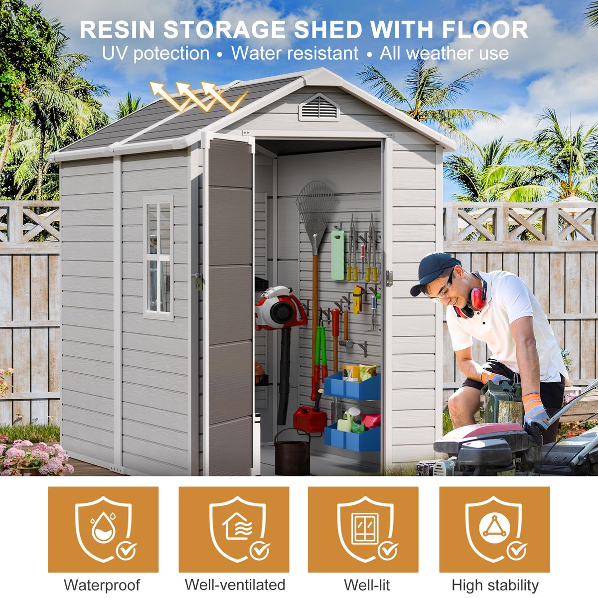 WELYAS 8x6 FT Resin Storage Shed with Floor Windows Lockable Double Door Vents, Large Waterproof Plastic Garden Sheds for Outdoor Backyard Storage Tools Lawnmover, Gray