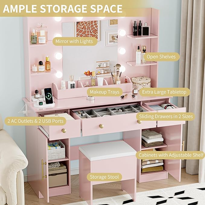Vanity Desk with Mirror and Lights, Makeup Dressing Table Set with Storage Drawers & Stool, Power Outlet, 3 Lighting Modes Adjustable Brightness & RGB Ambient Light for Women Girls Bedroom, Pink