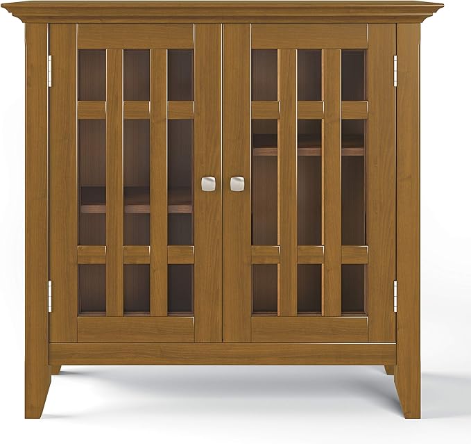 SIMPLIHOME Bedford Storage Cabinet - 32 inch Wide Solid Wood Low Media Cabinet in Light Golden Brown, Transitional Console for Living Room, Entryway, or Dining Room with Glass Doors and Shelves