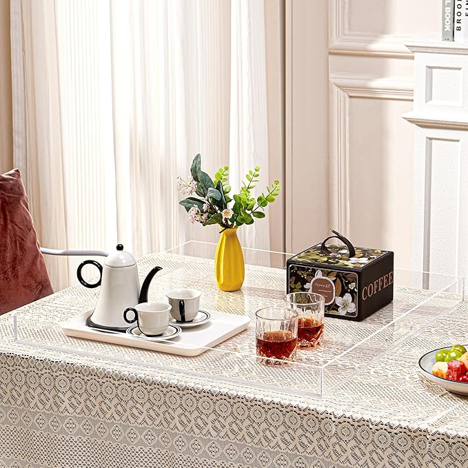 22×22 inches Oversized Clear Acrylic Ottoman Tray Extra Large Decorative Tray Spill-Proof Serving Trays with Handles King-Size Safe Edge Organizer for Coffee Table Countertop Breakfast