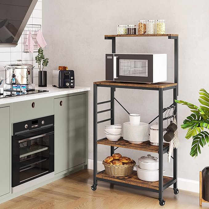 Yaheetech Bakers Rack on Wheels(16D x 24W x 50H Inches), Microwave Stand Cart Coffee Bar Stand with 6 Hooks, Kitchen Utility Storage Cart with Spice Rack, Rustic Brown
