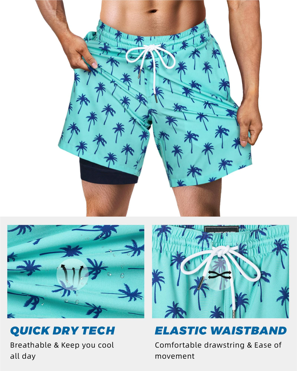 SURF CUZ Mens Swim Trunks with Compression Liner Quick Dry Swim Shorts 7" Swimming Trunks Stretch Zipper Pockets,Green Palm,L