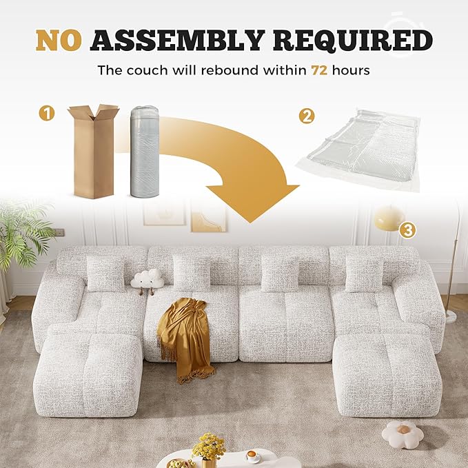 158" Modern U Shaped Modular Sectional Sofa, Boneless Couches for Living Room with Ottoman,6 Seater Convertible Chenille Cloud Couch Sofa Set, No Assembly Required, Beige 1 PCS