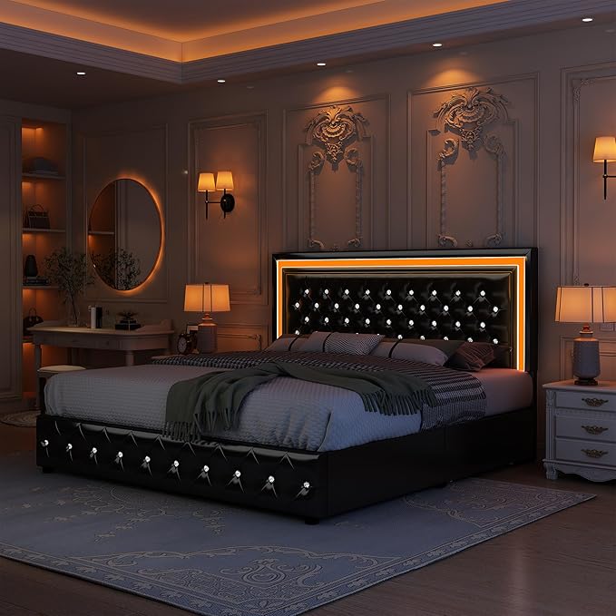 Full Led Bed Frame with 4 Storage Drawers, Bed Frame with Led Lights No Box Spring Needed, 900 lbs Capacity, Easy Assembly, PU Black