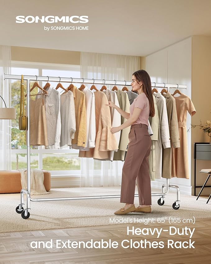 SONGMICS Clothes Rack with Wheels, Heavy-Duty Garment Rack with Extendable Hanging Rod, 243 lb Load Capacity, 17.7 x (63-78.7) x 64.1 Inches, Chrome-Plated, Silver UHSR176E01