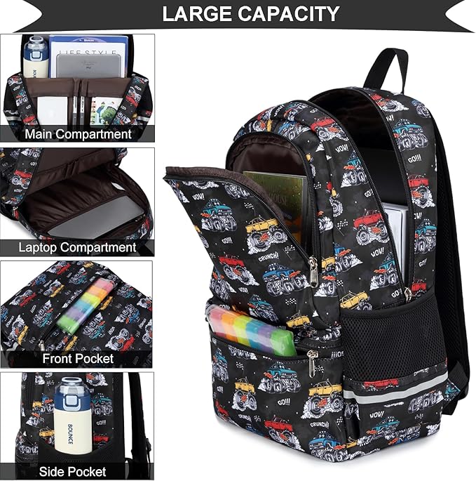 DSIUE School Backpack for Boys, Boys Backpack for Kids Children Teens Elementary Middle School With Lunch Box (Monster truck Black)