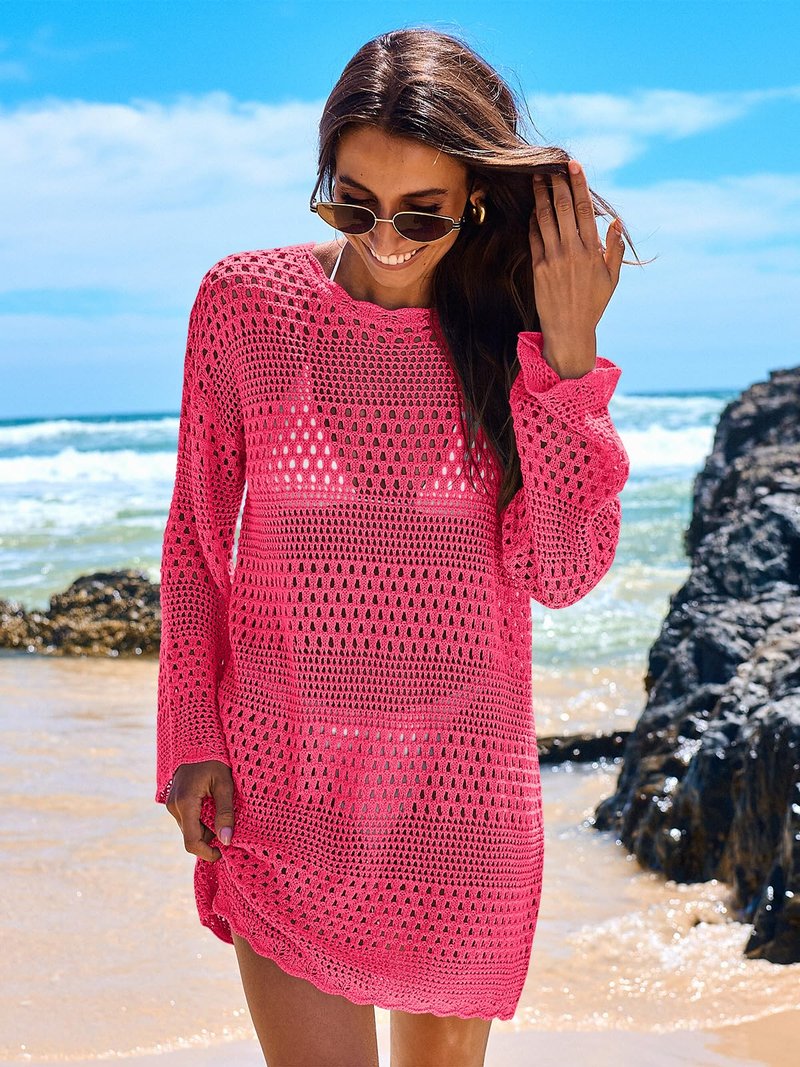 ANRABESS Women Swimsuit Crochet Swim Cover Up 2026 Summer Bathing Suit Swimwear Mesh Knit Beach Dress Vacation Outfits Rose Small