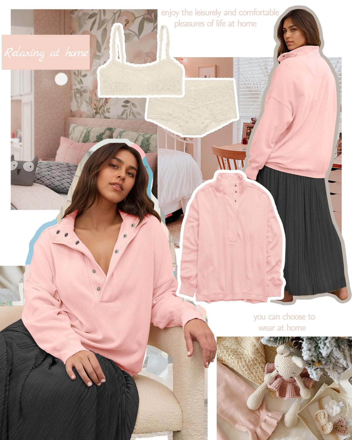 Gacaky Sweatshirt for Women Oversized Casual Long Sleeve Button Henley Neck Pullover Tops Fashion Outfits Clothes Pink S