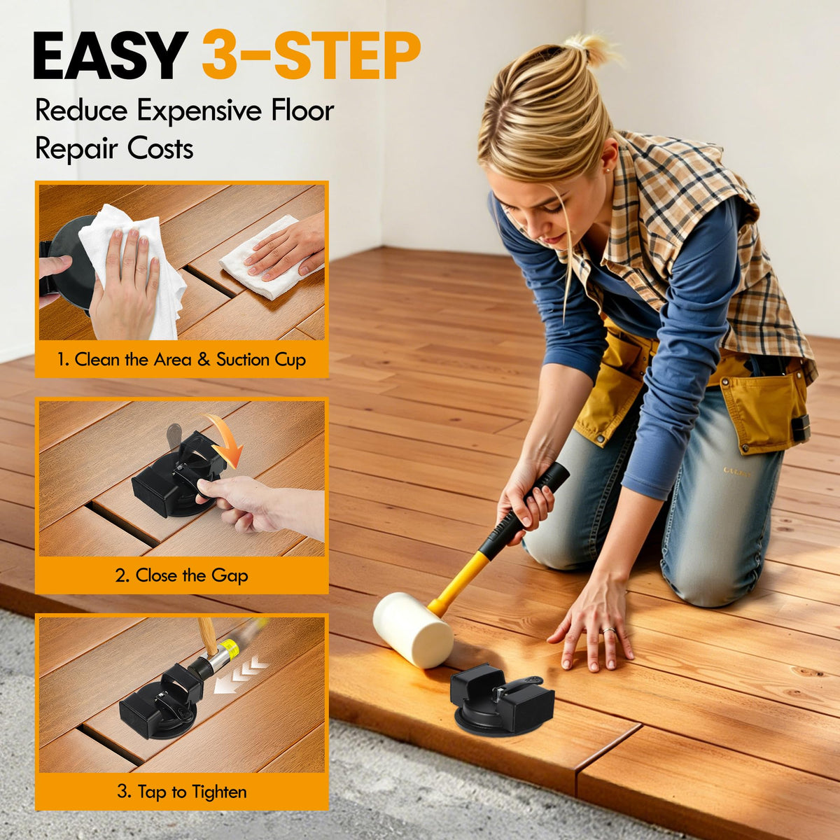 Iron Floor Gap Fixer Tool with Suction Cup, Dual Striking Heads & 4 Adhesive Pads, Floor Gap Tool for Laminate, Hardwood, Tile & Vinyl Floors