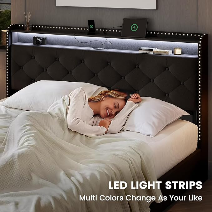 LARMACE Queen Size Bed Frame with Storage & LED Lights & USB Type-C Charging Station,Velvet Upholstered Platform Bed with Headboard and 4 Drawers, No Box Spring Needed, Easy Assembly, Black