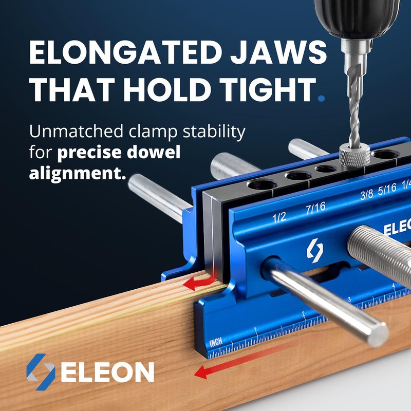ELEON Self Centering Dowel Jig with Elongated Jaws & Extra Wide Clamp up to 6.7" - Precision Woodworking Made Effortless - Lasting Craftsmanship - Aluminum Alloy Drill with Guide & 6pcs Drill Bushings